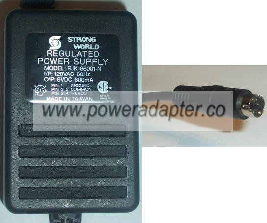 STRONG WORLD RJK-66001-N AC DC ADAPTER 6V 600MA POWER SUPPLY - Click Image to Close